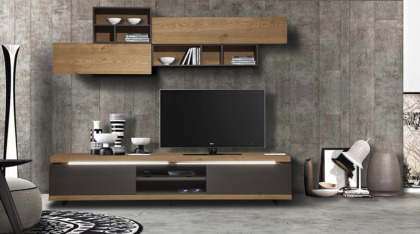 Μοντέρνα σύνθεση σαλονιού τηλεόρασης ξύλινη καφέ και με φωτισμό LED
